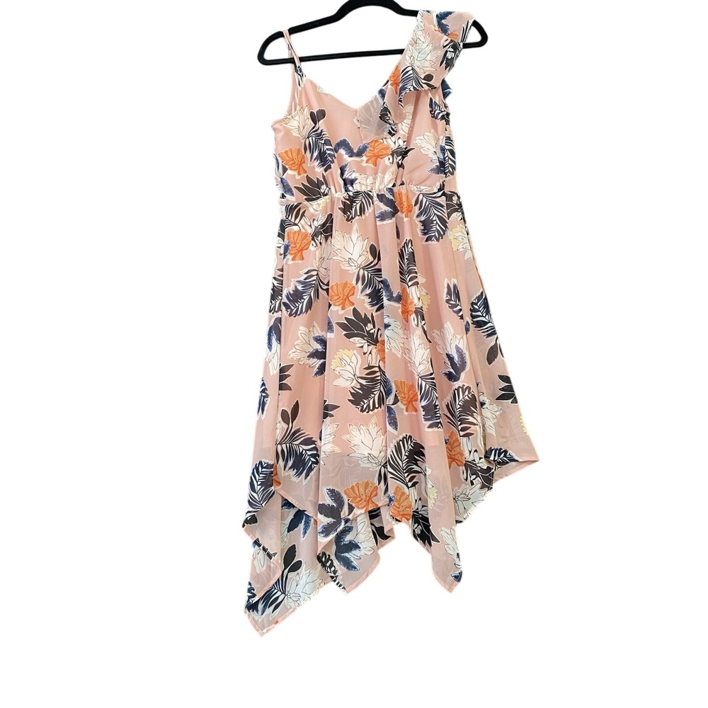 A New Day Pink Orange Navy Floral Hi-Low Asymmetrical Dress XS Ruffle Sleeveless